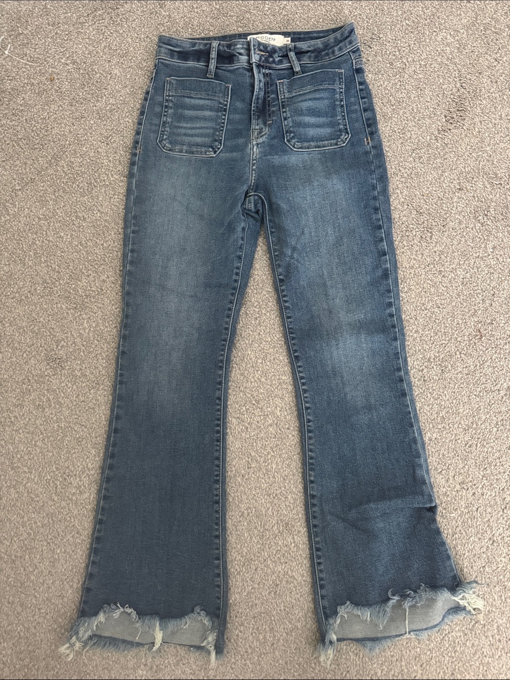 High-Rise Blue Flare Jeans with Frayed Hem